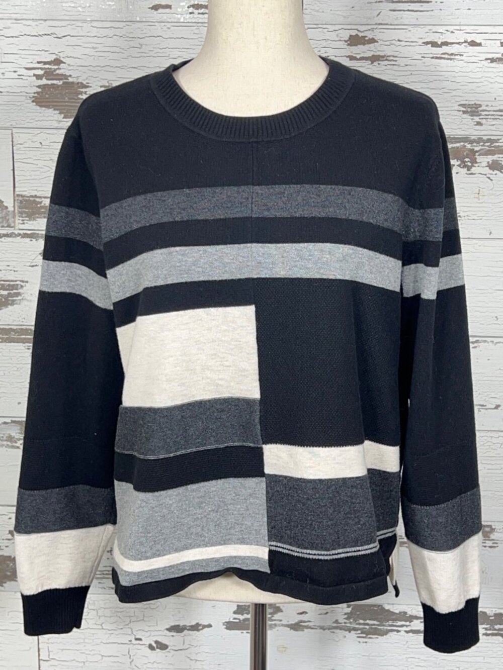 CABI Board Game Pullover Sweater Black Gray and Cream Sz M #4851 EUC